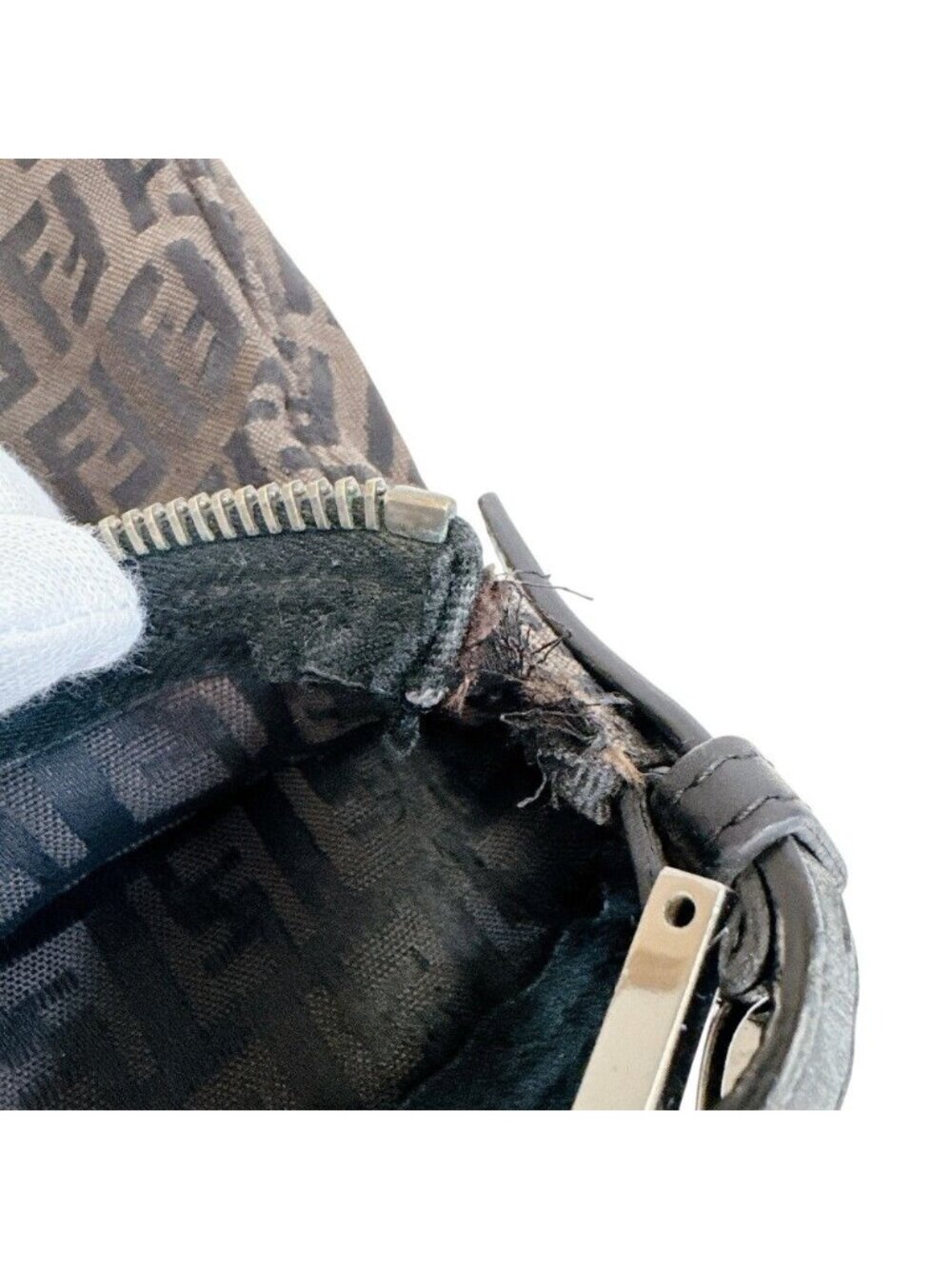 Fendi Zucchino All Over Print Pouch Vanity Handbag Canvas Leather Brown Black - Picture 6 of 8